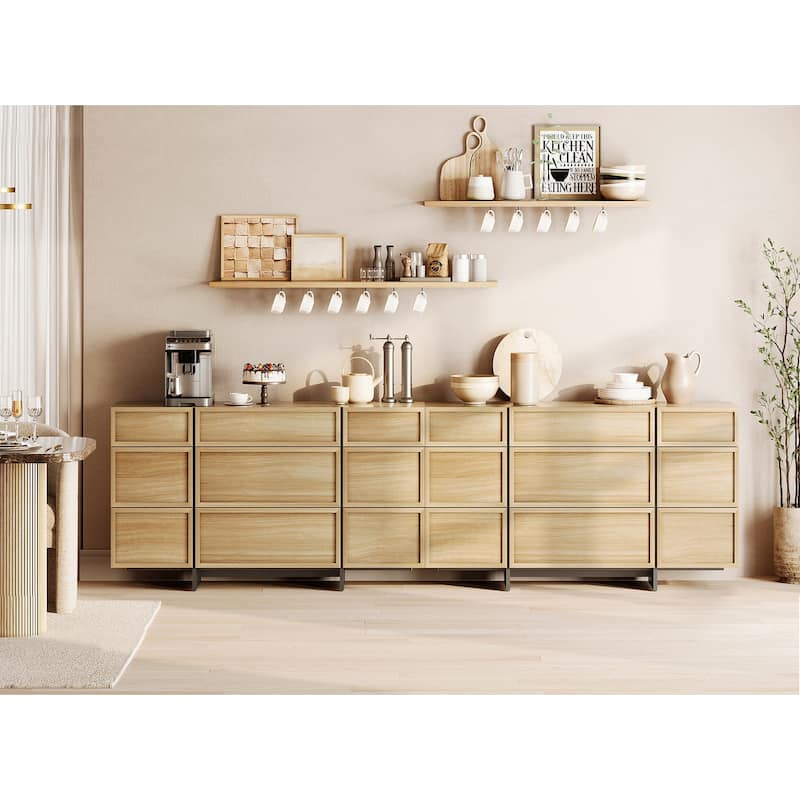 WAMPAT Modern Sideboard Buffet Cabinet with 9 Drawers, Multifunctional Sideboard with Large Storage and T-Shaped Legs - 2 Piece - Oak