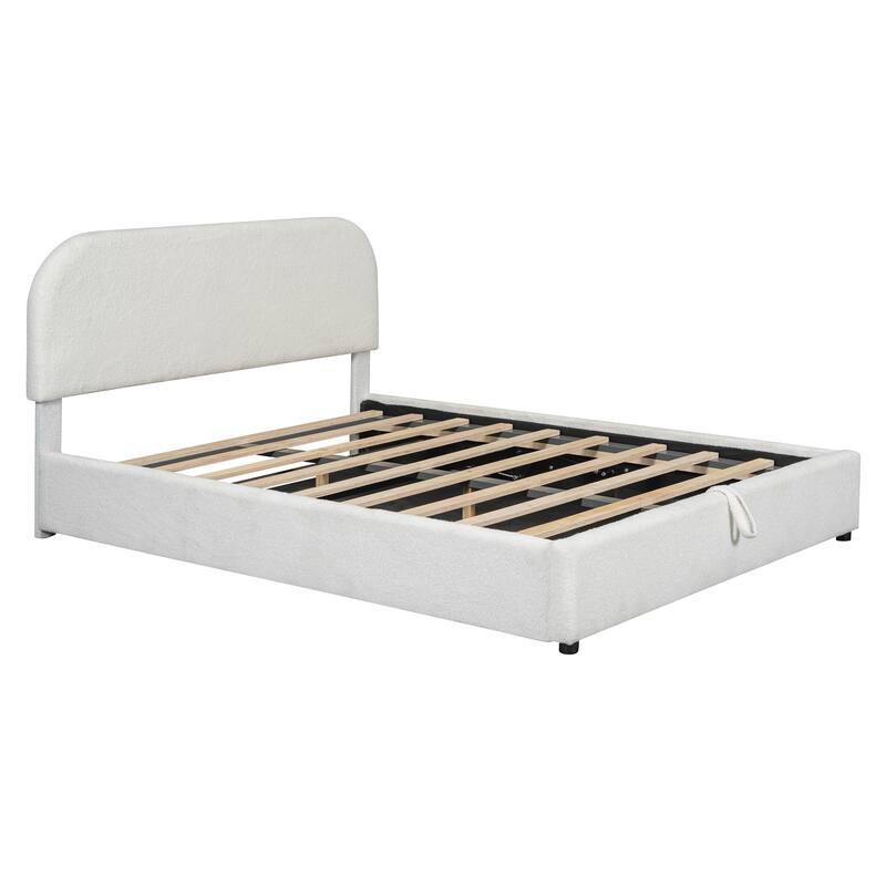 Upholstered Platform Bed with Hydraulic Storage System and Curved Shaped Headboard, Wood Bed Frame for Kids Adults Bedroom/White