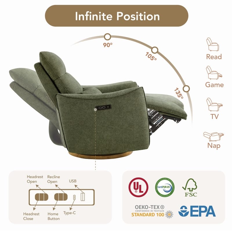 Spruce & Spring Power Swivel Recliner Chair Dual-Motor Nursery Glider with Lumber Pillow