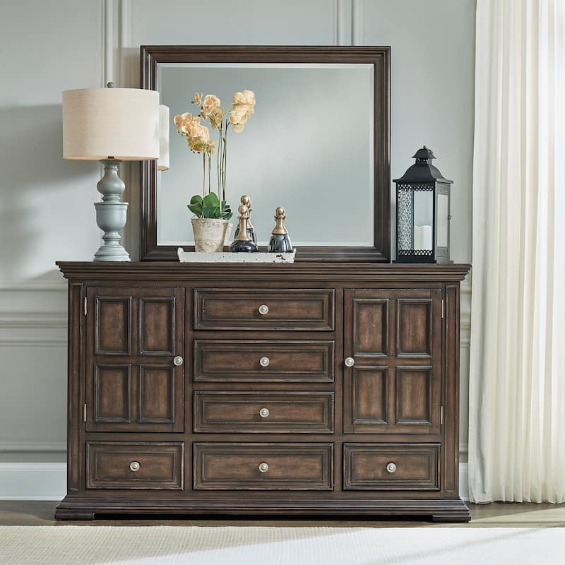 Big Valley Brownstone Distressed Dresser & Mirror Set - 6-drawer