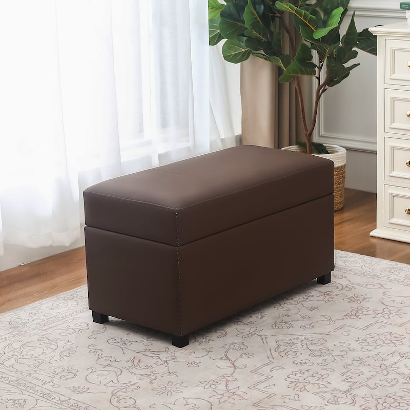 Adeco Faux Leather Storage Ottoman for Living Room - Brown