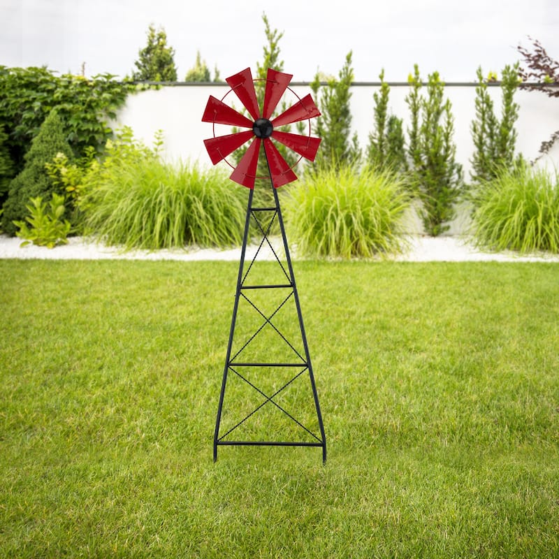 Glitzhome 44"H Glossy Painted Metal Yellow//Blue/Orange/Red Flower Wind Spinner Yard Stake