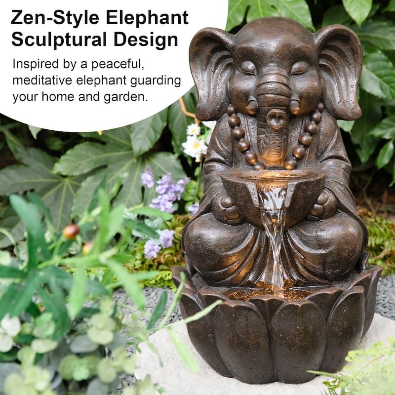 Glitzhome 21.75"H 2-Tiered Lighted Zen Style Frog Elephant Hippo Polyresin Outdoor Fountains