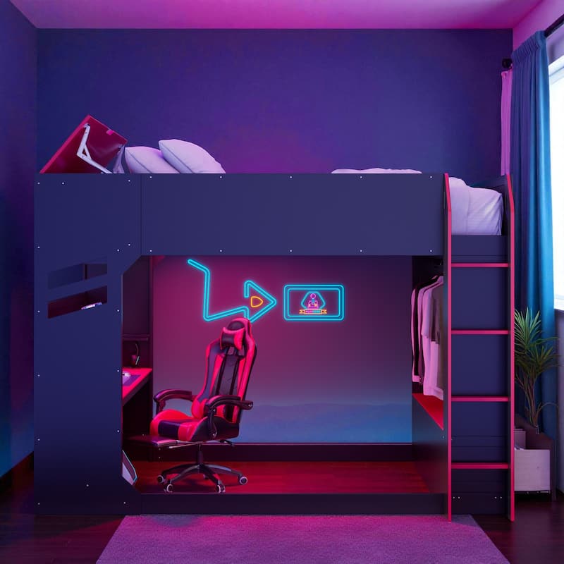 Full Size Wood Loft Bed with Adjustable Desk, Drawers, Storage Shelves, Hanging Rod and RGB LED Lights - Red - Full