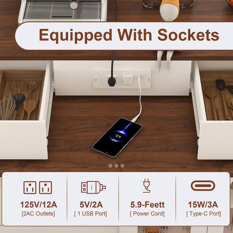 Anmytek Expandable Kitchen Island with Dining Table and Charging Station 3 Mode Multifunctional Rolling Cart