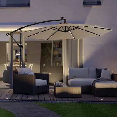 HOMEFUN 10ft Solar LED Offset Hanging Market Patio Umbrella