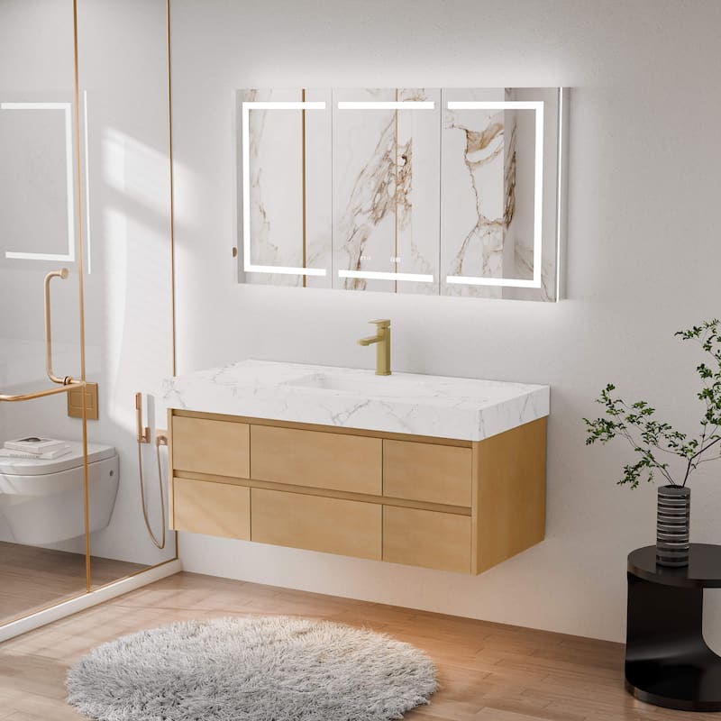 Modland 48" Floating Bathroom Vanity with Single/Double Sink, Modern Maple Wood Wall Mounted Vanity with Marble Countertop