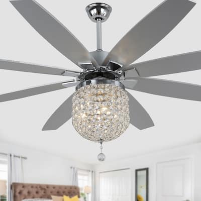 Cusp Barn 65" Chrome Ceiling Fan with Light and Remote,Gorgeous Crystal Fixture,Modern Reversible Fan Light,6 Speeds Quiet Motor