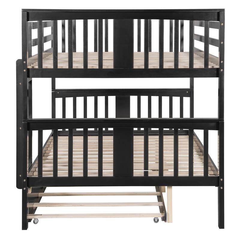 Full Size Wood Bunk Bed with Twin Size Trundle and Ladder, Divided Into 2 Individual Beds, Full Over Full Bunk Bed Frame