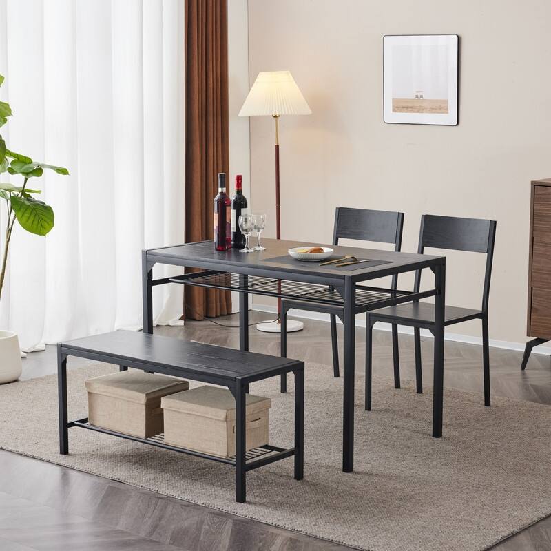 Mid-Century Modern 4 Piece Dining Set,Rectangular Table, Bench, 2 Chairs, Steel Frame