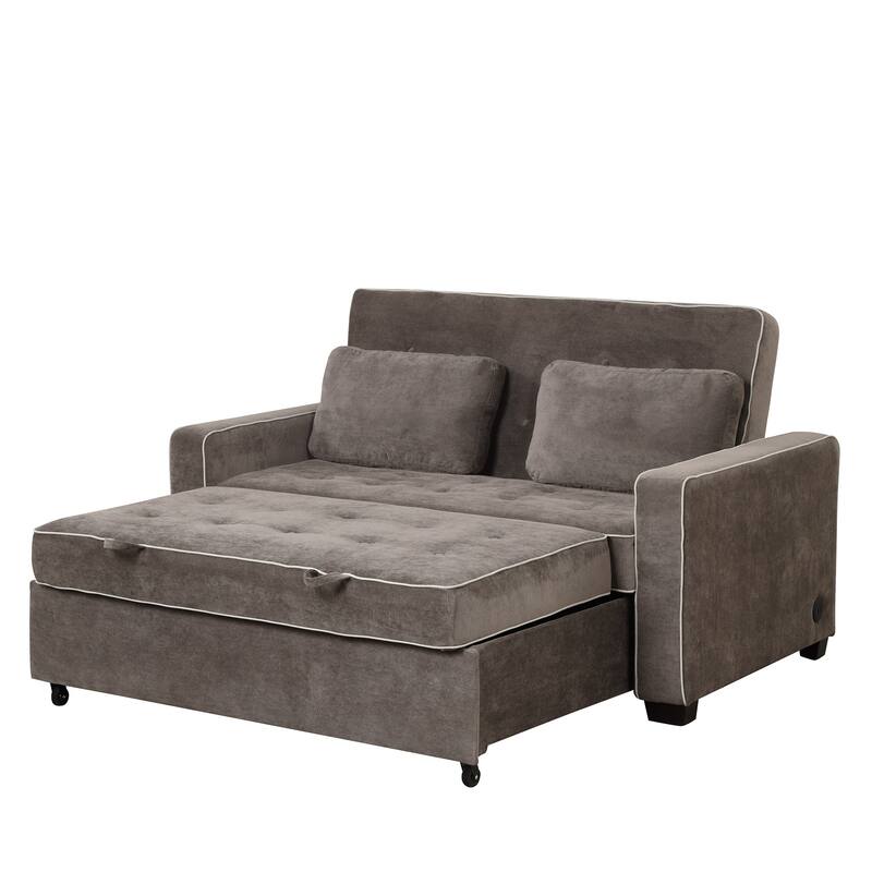 Upholstered Loveseat Pull Out Sofa Bed, Lounge Couch w2 Pillows & 2 USB Port, Adjustable Backrest Futon Sofa Tufted Couch