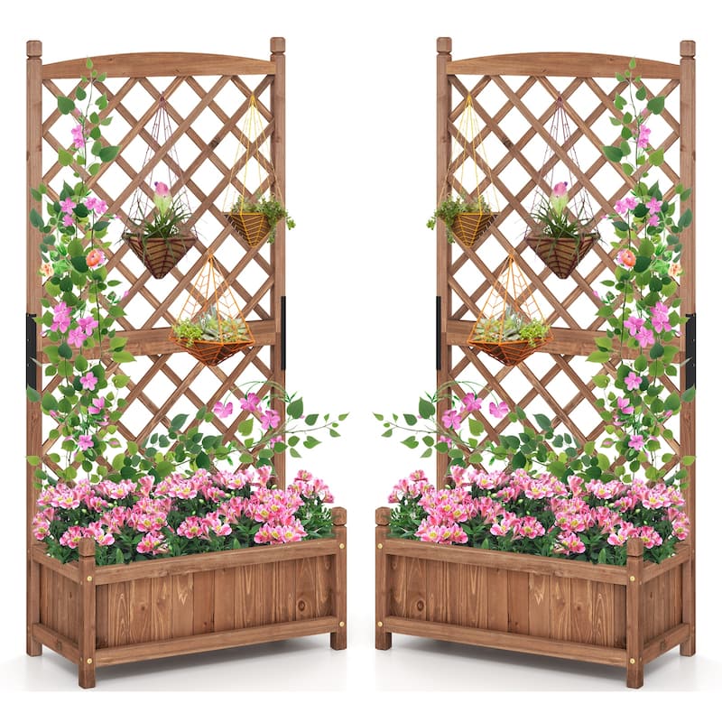 Gymax 2PCS 60'' Tall Raised Garden Bed w/ Diamond Lattice Trellis - Brown