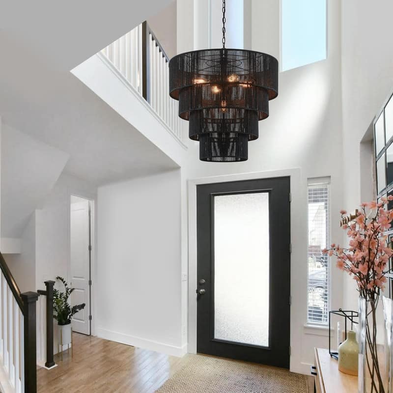 KAWOTI 5-Light 4-Tiered Pendant Light with Rattan Shade