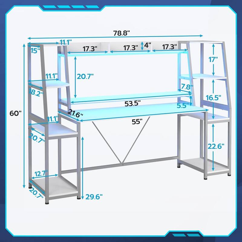 Gaming Desk LED Lights Hutch and Storage Shelves PC Gamer Desk