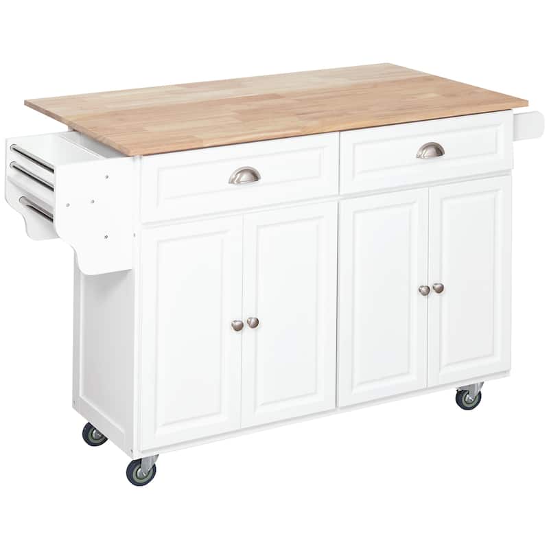 Kitchen Island Cart on Wheels, Wood Drop Leaf Breakfast Bar, Rolling Island Cart with Adjustable Shelves, 4-Door & 2 Drawers - White