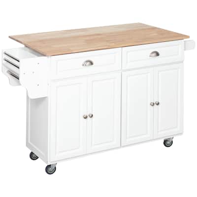 Kitchen Island Cart on Wheels, Wood Drop Leaf Breakfast Bar, Rolling Island Cart with Adjustable Shelves, 4-Door & 2 Drawers