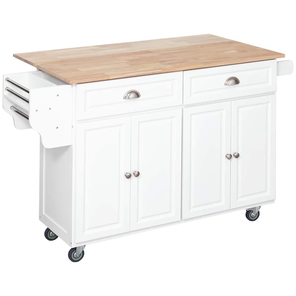Rolling Kitchen Island on Wheels, Kitchen cart with Solid Wood Drop Leaf Breakfast Bar, Storage Drawers, 4-Door Cabinets