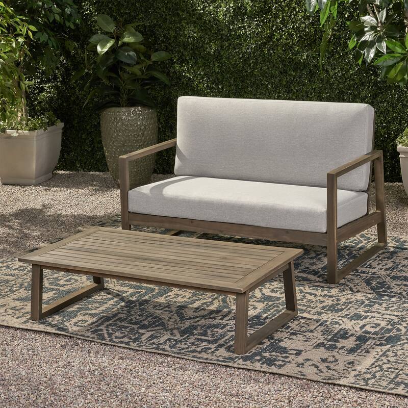 Roomfitters Belgian Outdoor Loveseat and Coffee Table Set, Modern Patio Furniture, Durable Acacia Wood Frame