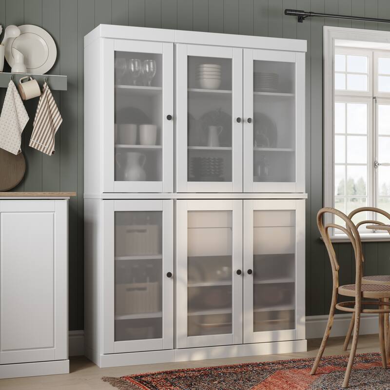 100% Solid Wood 48.5" Pantry Cabinet with Frosted Glass Doors and 2-Drawers - White