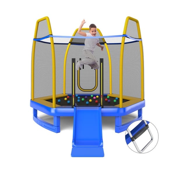 slide 2 of 7, 7 Feet Trampoline with Ladder and Slide for Indoor and Outdoor-Blue