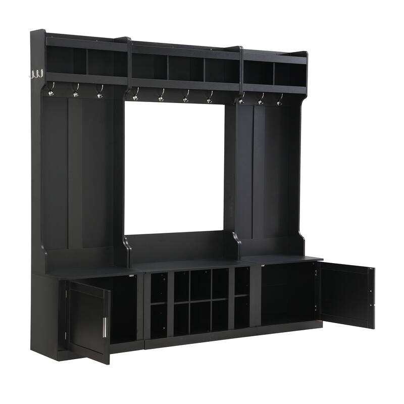 Roomfitters Wide Hall Tree with Storage Bench, 4-in-1 Entryway Organizer with Coat Rack, Shoe Cubbies and Shelves for Hallway