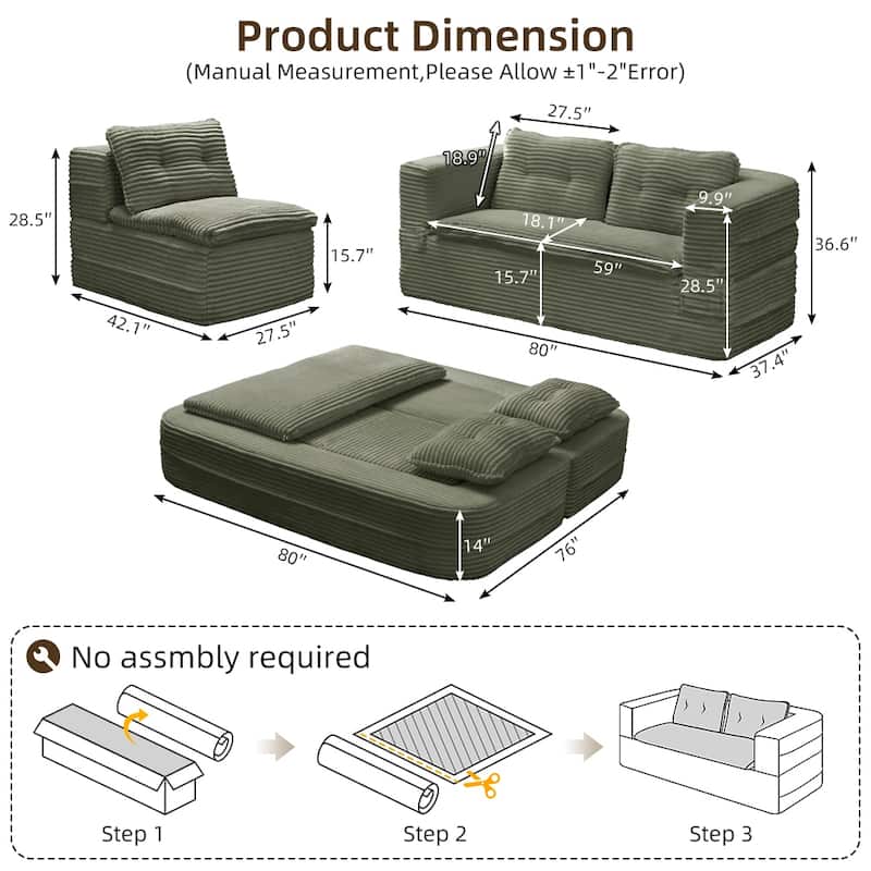 Sleeper Sofa with Chaise Lounge, Convertible Sectional Couch Bed, Corduroy 3-Seat Sofa, Folding Boneless Couch