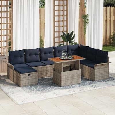 vidaXL 9 Garden Sofa Set with Cushions Black/Grey Poly Rattan - 117.1 x 73.8 x 27.2