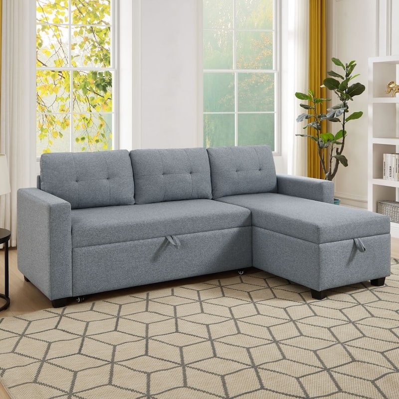 Upholstered Pull Out Sectional Sofa with Storage Chaise, Convertible Corner Couch
