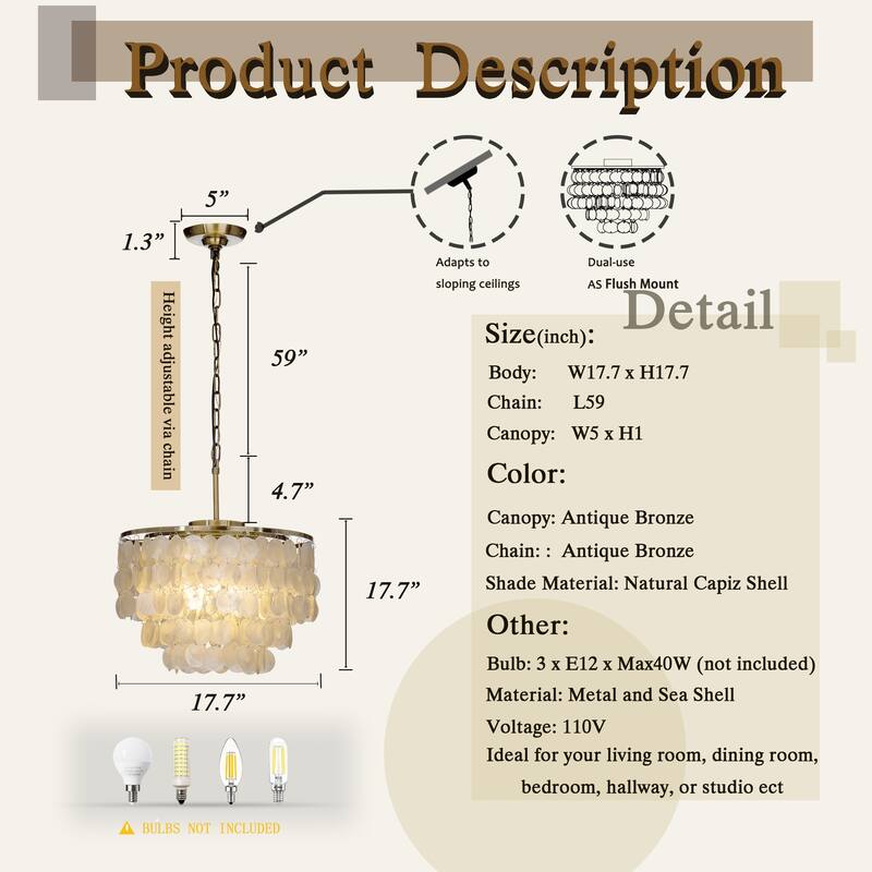 3/6-Lights Unique Tiered Bronze Capiz Chandelier with Seashell Accents
