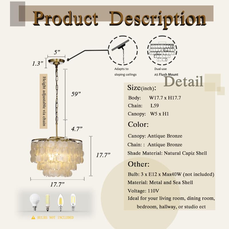 CraftHome 3-Lights Unique Coastal Antique Bronze Tiered Capiz Shell Chandelier - W18''
