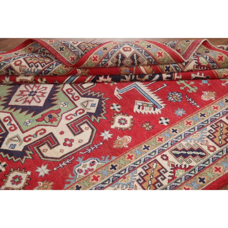 Hand Knotted Oriental 100% Wool Carpet Traditional Geometric Red Kazak Area Rug - 9' 6'' X 6' 4''