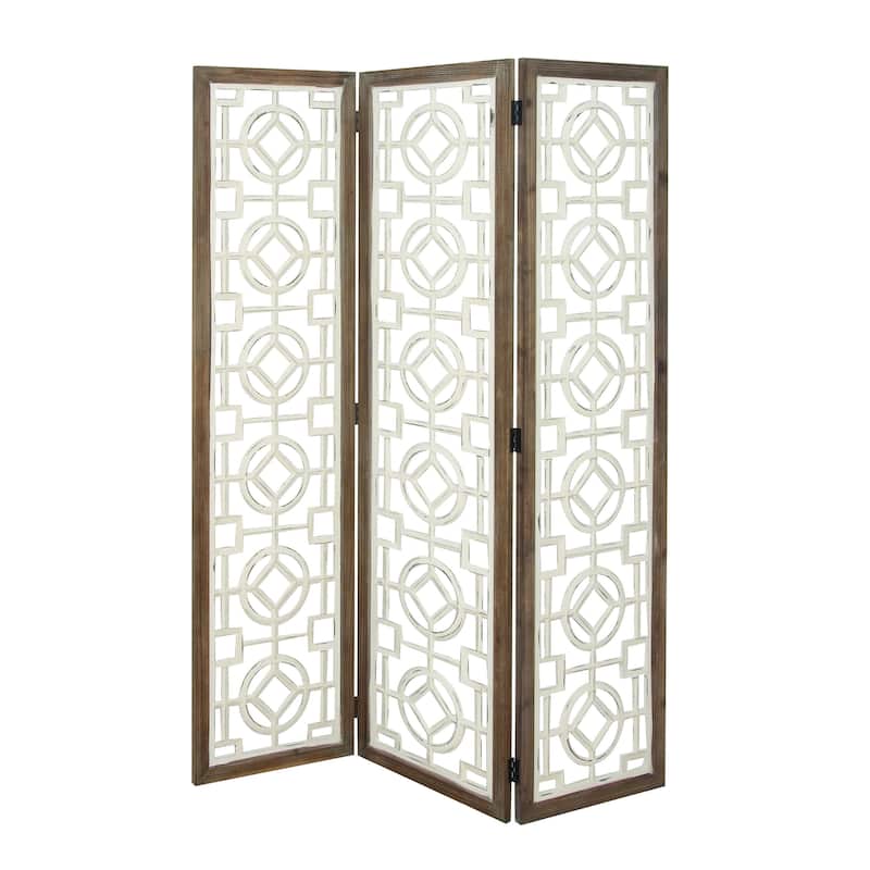 Wood Geometric Hinged Foldable Partition 3 Panel Room Divider Screen with Intricately Carved Designs - White - Roche River Decor - White