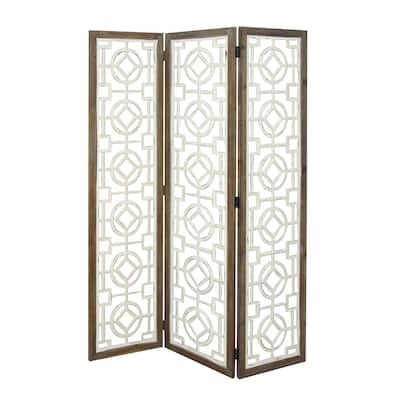 Wood Geometric Hinged Foldable Partition 3 Panel Room Divider Screen with Intricately Carved Designs - White - Roche River Decor