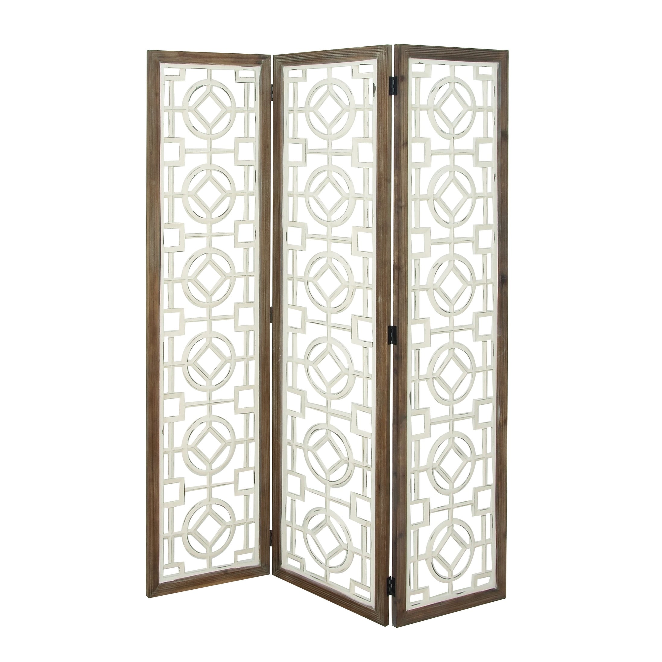 Wood Geometric Hinged Foldable Partition 3 Panel Room Divider Screen with Intricately Carved Designs - White - Roche River Decor