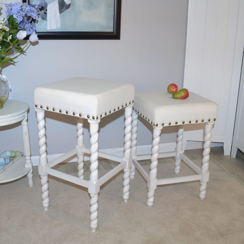 30" White and Ivory Nailhead Trimmed Bar Stool with Barley Twist Legs