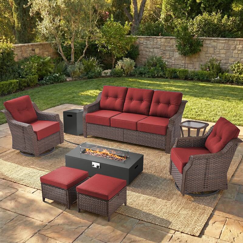 Pocassy 5/7PCS Sofa Swivel Chair Ottoman with Fire Pit Table - Brown Wicker Red Cushion - 7-Piece Sofa Swivel Chair Ottoman with Fire Table