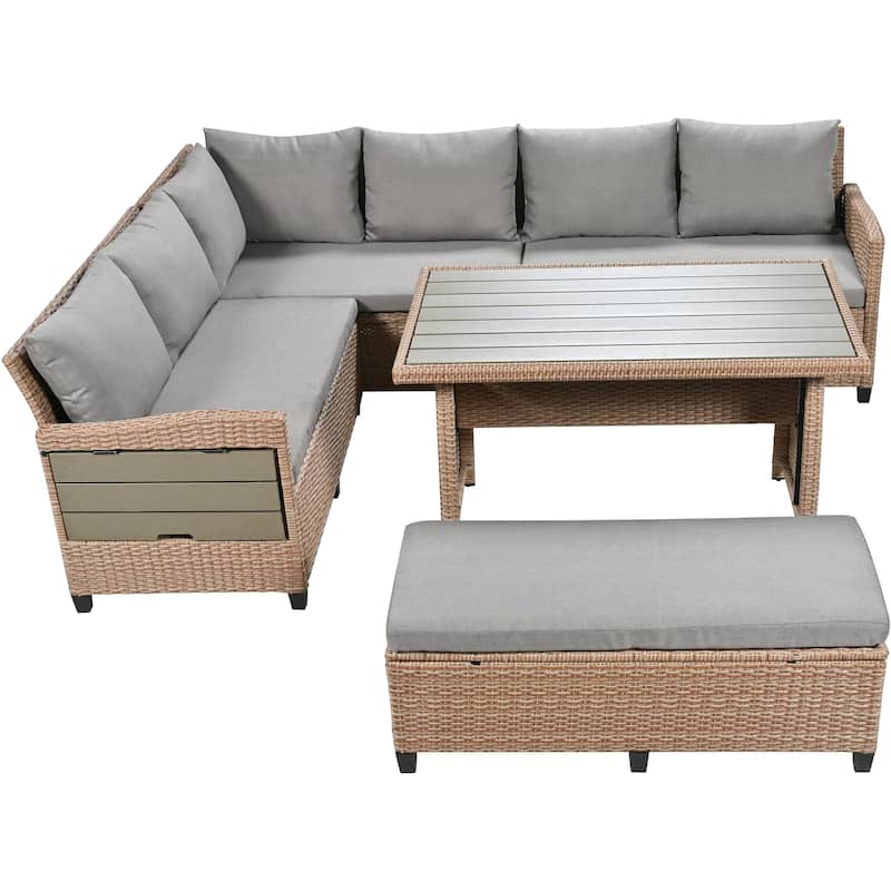 Roomfitters 5-Piece Outdoor Rattan Sofa Set, Patio Sectional Furniture with Dining Table, Storage Bench, Side Trays