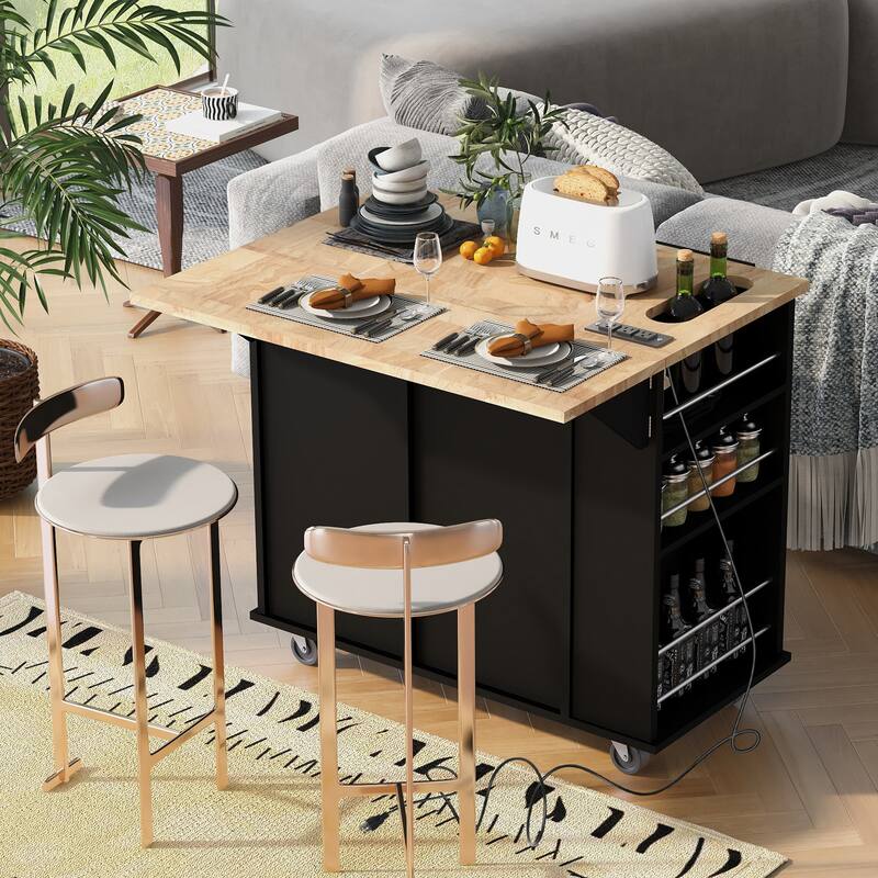 39.80'' Rubber wood Kitchen Island with Power Outlet, Drop Leaf, Adjustable Shelf and 2 Drawers - 39.8'' x 29.33'' x 33.7''
