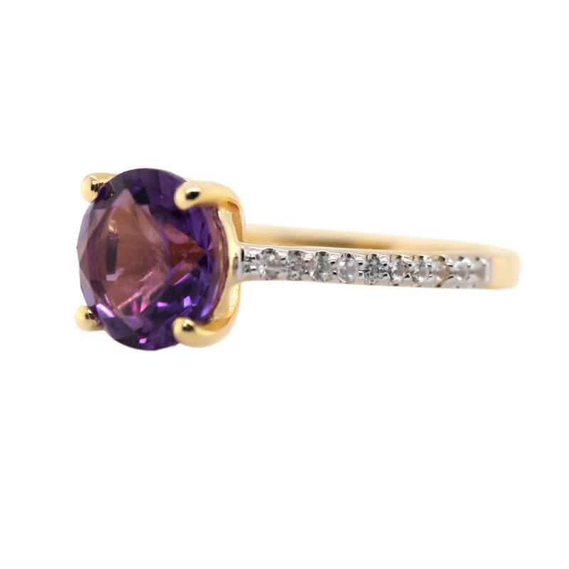 18K Yellow Gold Over Sterling Silver 9mm Round Brazilian Amethyst, White Natural Zircon Ring
