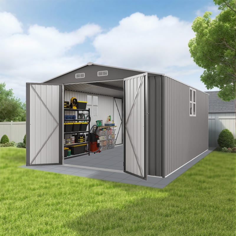 10x14 FT Outdoor Metal Storage Shed, Durable Garden Shed with Three Lockable Doors and Clear Window, All-Weather Shelter