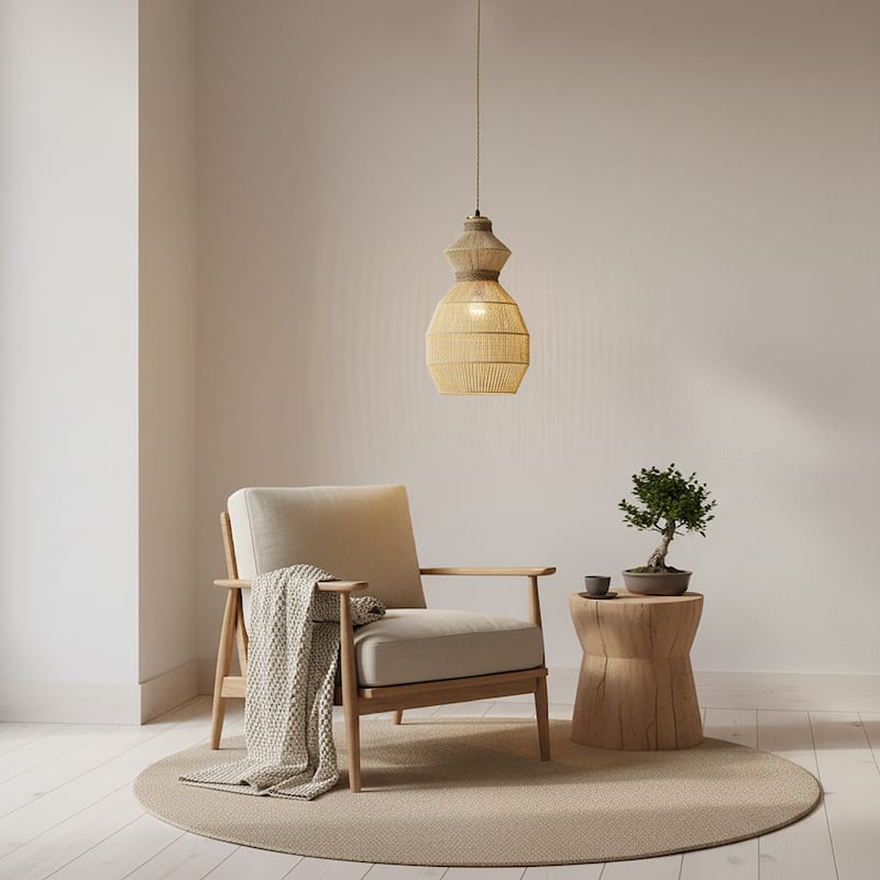 Opaline 1-Light Rattan Stacked Geometric Pendant, Coastal Boho - Handwoven - 12" Wide