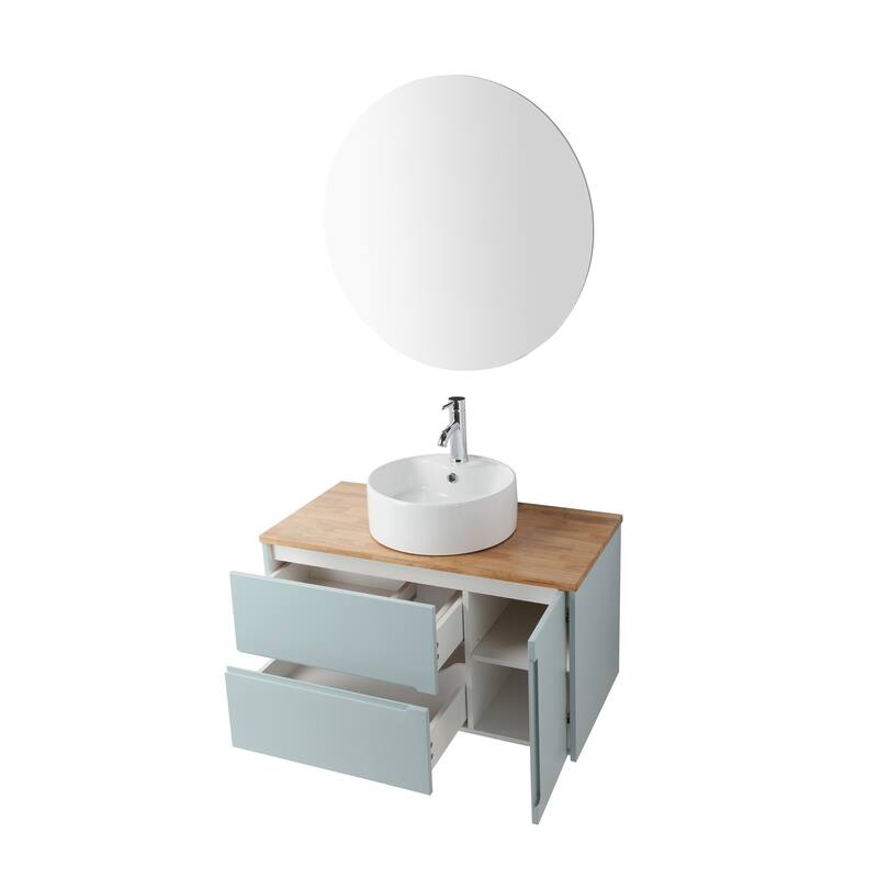 36" Blue Wall-Mounted Bathroom Vanity with Drawers, Top and Mirror