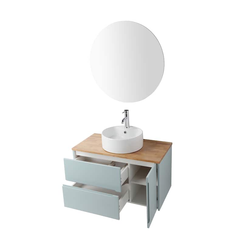 GDFStudio - 36-Inch Wall-Mounted Bathroom Vanity Solid Wood Natural Top, Round Art Ceramic Sink & Round Mirror