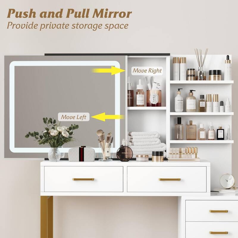 Vanity Desk with Sliding LED Mirror and Charging Station, 5 Drawers, 3 Shelves