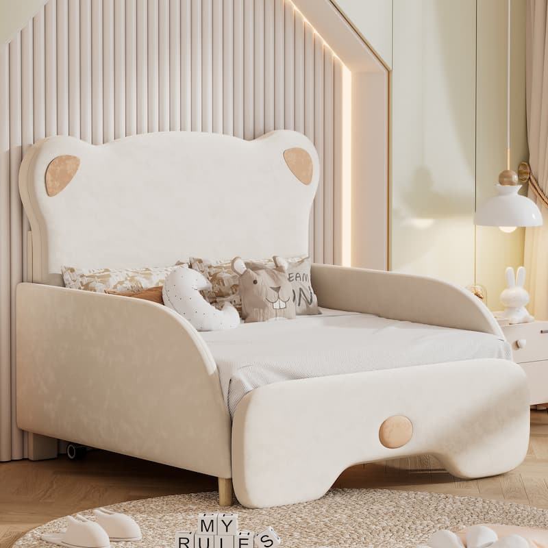 Roomfitters Twin XL Size Upholstered Sofa Bed with Stretchable Vaulted Design and Bear Headboard, Beige - Beige - Twin