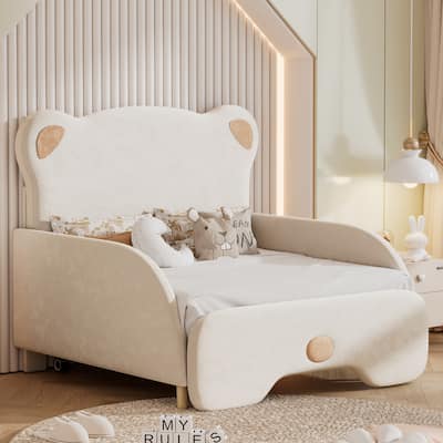 Twin XL Upholstered Sofa Bed with Bear Shaped Headboard, Adjustable & Stretchable Design, Beige Flannel