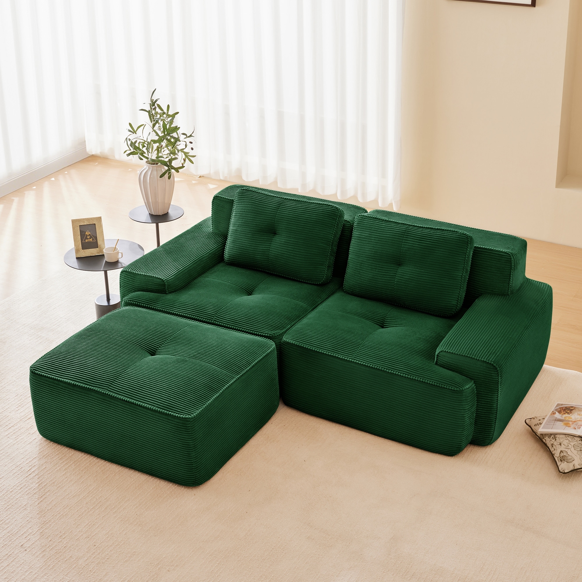 GDFStudio - Corduroy Modern 2-Seater 81.9" Cloud Modular Sectional Couch with Ottoman