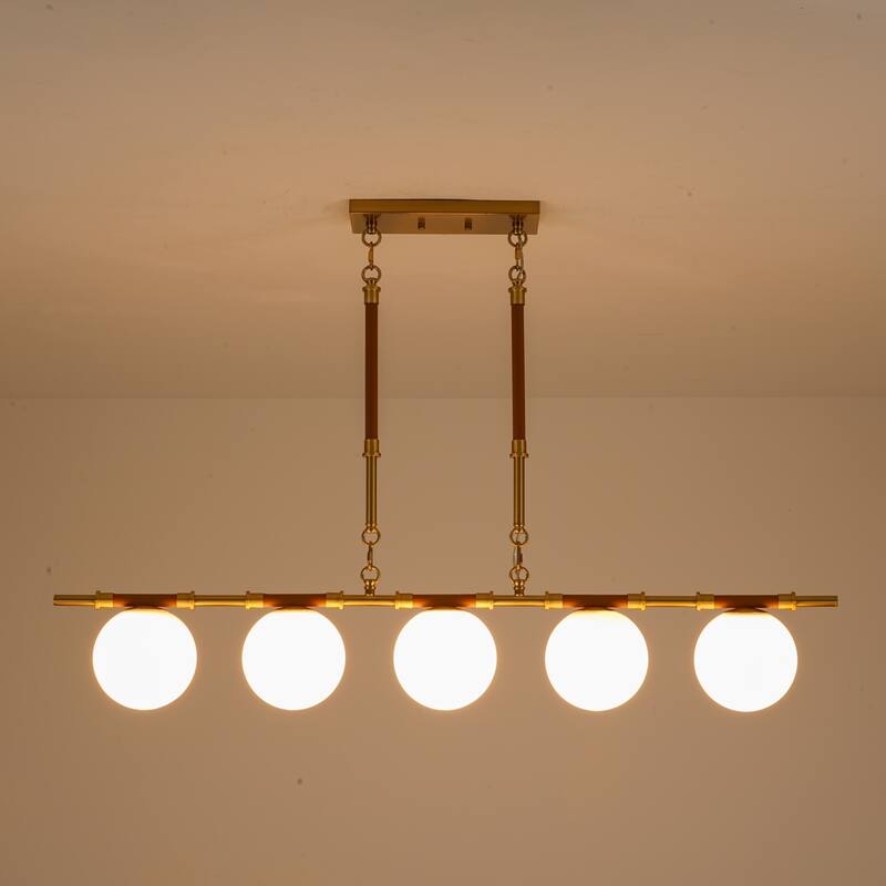 Modern French 5-Light Linear Chandelier in Brushed Brass with Textured Lychee Rods and Opal Globe Shades