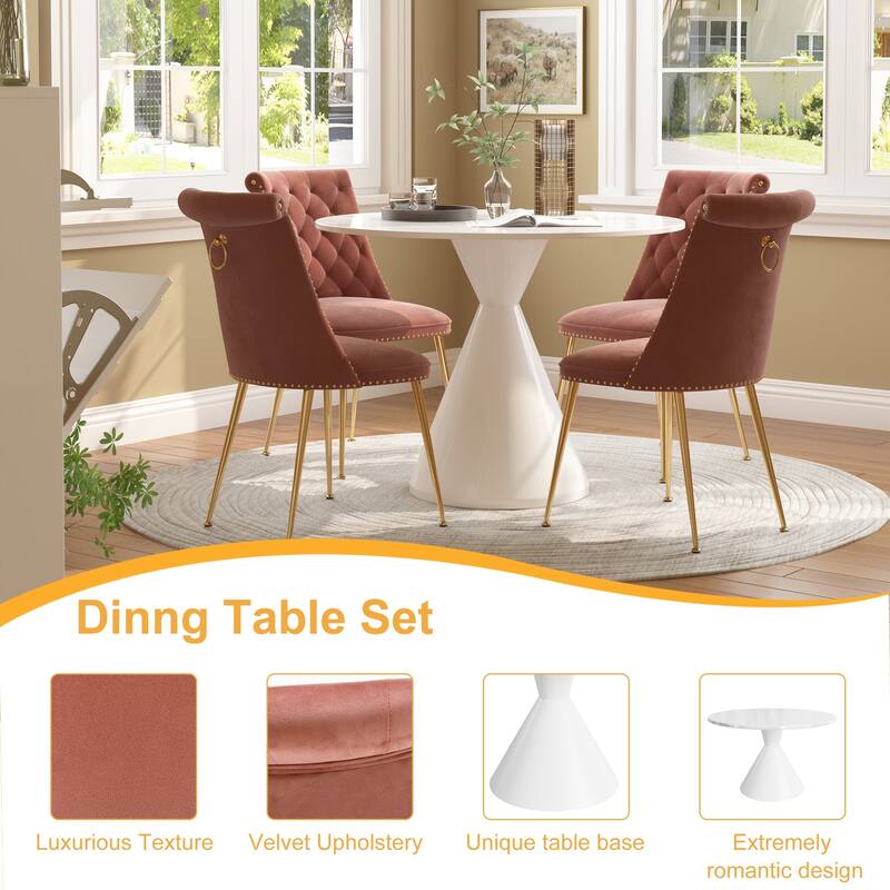 48" Light Luxury White High Gloss Large Countertop Dining Table with Velvet Dining Chair Set