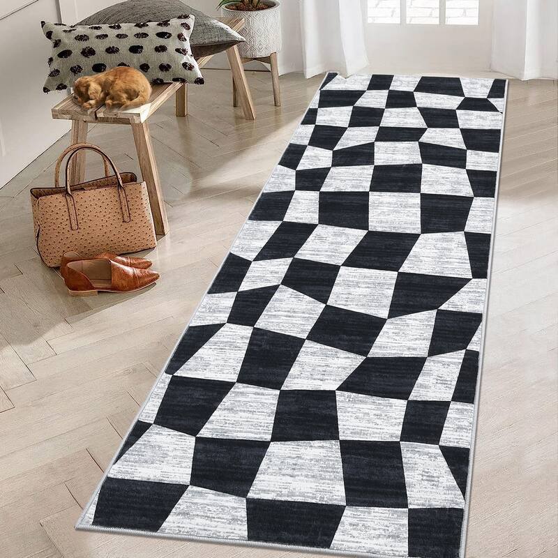 Modern Geometric Checkered Rug Washable Area Rug Low Pile Stain Resistant Throw Rug - 2'x6' - Black